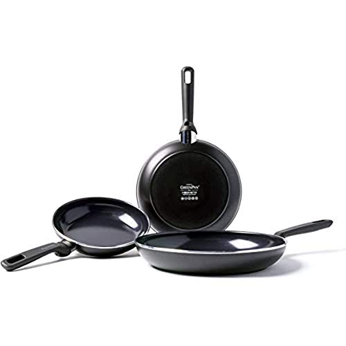 GreenPan Memphis Juego de Sartenes Antiadherentes de Aluminio con Revestimiento de Cerámica, Apto para Todo Tipo de Cocinas, Inducción, Horno y Lavavajillas, 20/24/28 cm, Negro, Aluminium