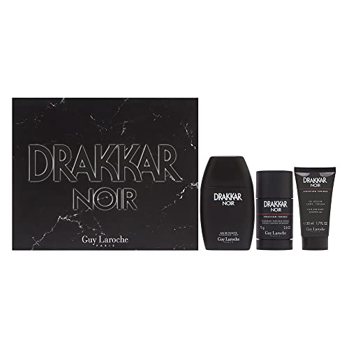Guy Laroche Drakkar Noir - Juego de 3 piezas de regalo de 3 oz Edt Spray, 2.7 oz desodorante Stick, gel de ducha de 1.7 oz