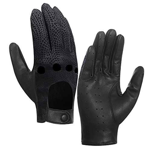 Harssidanzar Guantes de conducción de cuero de piel de cordero italianos de lujo para mujer Sin forro Actualización con acabado vintage GL009,serpiente negra,Talla XL
