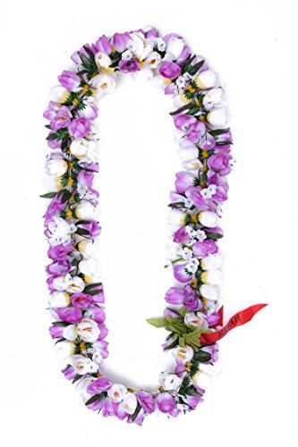 Hawaiian Luau Fiesta Kapiolani Tuberosa Tela Artificial Flor Lei púrpura blanco