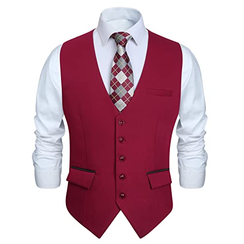 HISDERN Chaleco Vino Rojo Hombre Vestir Elegante Chalecos de Boda Formal Casual chaleco Fiesta Negocio Clásico con Bolsillos Moda S