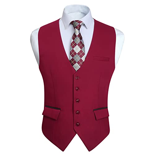 HISDERN Chaleco Vino Rojo Hombre Vestir Elegante Chalecos de Boda Formal Casual chaleco Fiesta Negocio Clásico con Bolsillos Moda S