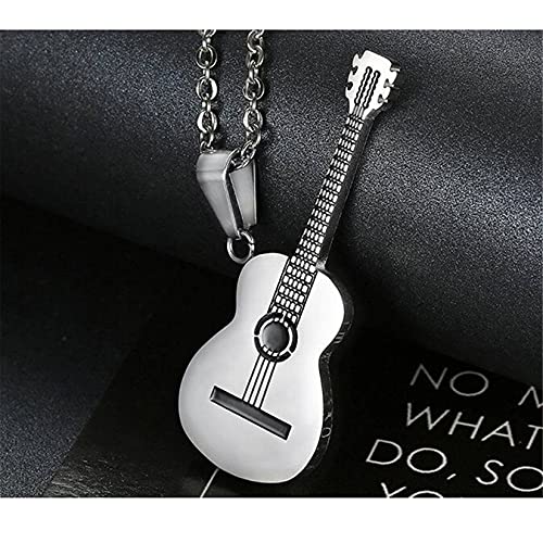 HMOOY Collar de Guitarra, Collar con Púa de Guitarra de Acero Inoxidable 316L Collar con Colgante de Guitarra para Hombre Collar de Música Regalo de Amante de La Música Joyería de Músico (plata)