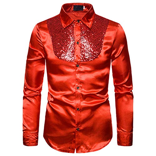 Hombres Camisa de Manga Larga de Solapa de Lujo, Lentejuelas de Baile de Graduación Informal Fiesta de Discoteca Satén de Seda Cena Traje de Anfitrión de Esmoquin (Rojo, M)