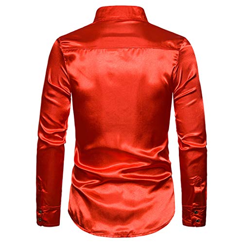 Hombres Camisa de Manga Larga de Solapa de Lujo, Lentejuelas de Baile de Graduación Informal Fiesta de Discoteca Satén de Seda Cena Traje de Anfitrión de Esmoquin (Rojo, M)