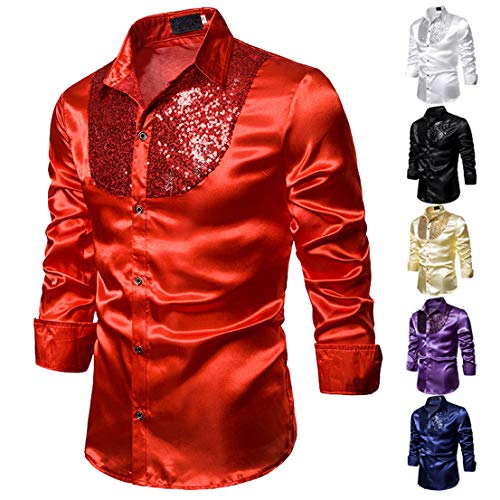 Hombres Camisa de Manga Larga de Solapa de Lujo, Lentejuelas de Baile de Graduación Informal Fiesta de Discoteca Satén de Seda Cena Traje de Anfitrión de Esmoquin (Rojo, M)