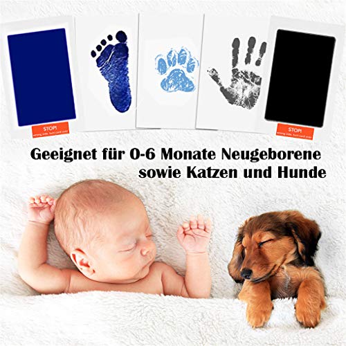 Huella bebé TBoonor huellas de perro,Almohadillas de Tinta No Tóxicas con marco de papel, tarjetas, pinzas y cuerda, la piel del bebé no entra en contacto con el color（2 Piezas） (3.Negro azul-4pcs)