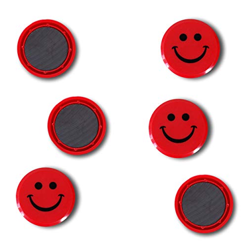 Imanes de pizarra magnética (lote de 6) – Gran imán potente (40 mm) – Ideal para nevera, pizarra blanca, escritorio, cocina o niño – Imán plano con sonriente rojo rígido y decorativo