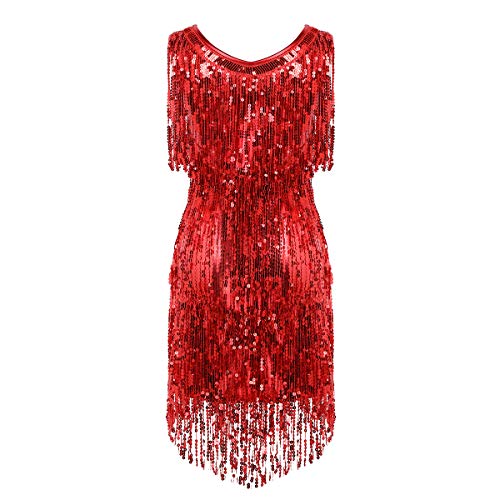 inhzoy Vestido de Baile Latino Lentejuelas para Mujer Vestido de Rumba Tango Salsa Samba Flecos Traje de Baile de Salón Disfraz de Fiesta Dancewear Rojo M