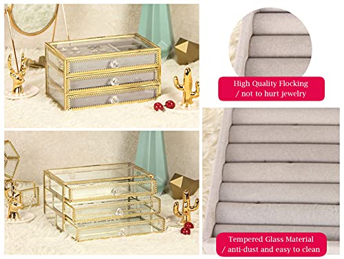 JOVIVI Joyero organizador con 3 cajones, joyería de terciopelo para mujer, para anillos, pendientes, collares, pulseras, organizador de joyas de oro transparente, caja de regalo para niñas