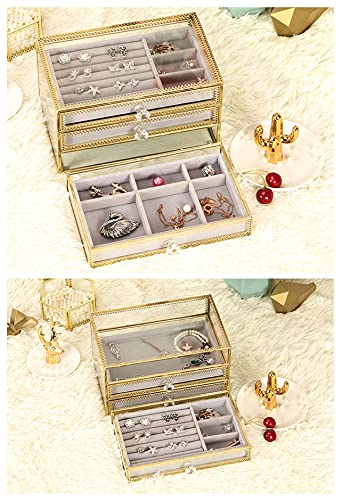 JOVIVI Joyero organizador con 3 cajones, joyería de terciopelo para mujer, para anillos, pendientes, collares, pulseras, organizador de joyas de oro transparente, caja de regalo para niñas