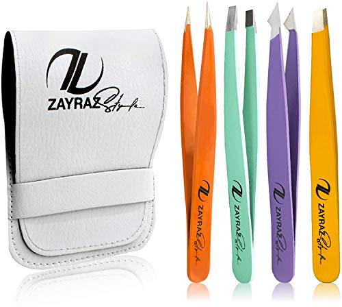 Juego de pinzas - Juego de pinzas profesionales para cejas - Pinzas de acero inoxidable para vello encarnado, vello facial, removedor de espinillas, juego de pinzas con estuche de cuero