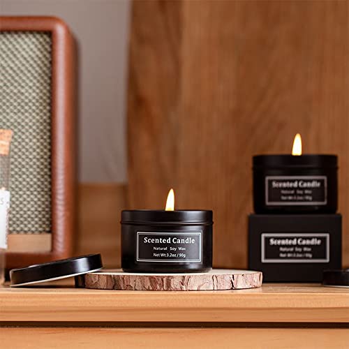 JUSM Tin Can Scented Candles, Household Scented Candles, Sandalwood Candles, Soy Wax Mixture, Wooden Wicks, Relaxing Gifts for Women (Black)