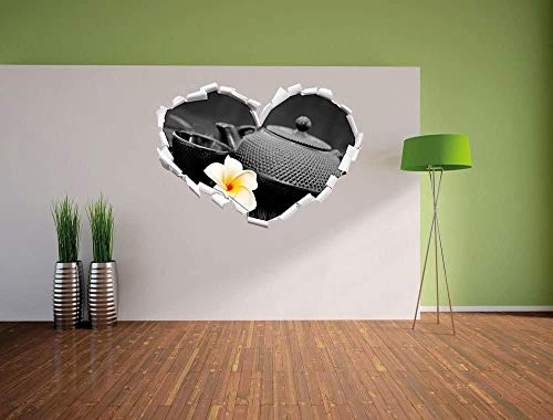 KAIASH Pegatinas de Pared Tetera Oriental con Flor de jazmín pequeña en Forma de corazón Blanco y Negro en Apariencia 3D Etiqueta de la Pared o de la Puerta Etiqueta de la Pared decoración 92x64cm