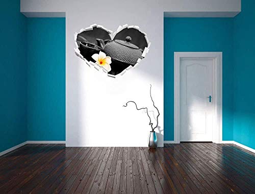 KAIASH Pegatinas de Pared Tetera Oriental con Flor de jazmín pequeña en Forma de corazón Blanco y Negro en Apariencia 3D Etiqueta de la Pared o de la Puerta Etiqueta de la Pared decoración 92x64cm