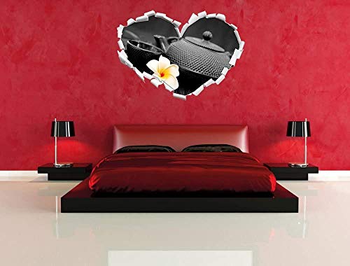 KAIASH Pegatinas de Pared Tetera Oriental con Flor de jazmín pequeña en Forma de corazón Blanco y Negro en Apariencia 3D Etiqueta de la Pared o de la Puerta Etiqueta de la Pared decoración 92x64cm
