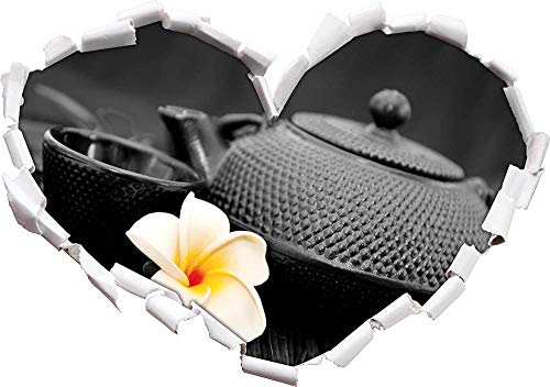 KAIASH Pegatinas de Pared Tetera Oriental con Flor de jazmín pequeña en Forma de corazón Blanco y Negro en Apariencia 3D Etiqueta de la Pared o de la Puerta Etiqueta de la Pared decoración 92x64cm
