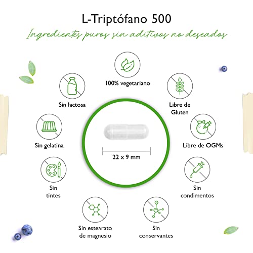 L-Triptófano 500 mg - 300 cápsulas veganas - Aminoácido puro de fermentación vegetal - Sin aditivos - Altamente dosificado - Vegano