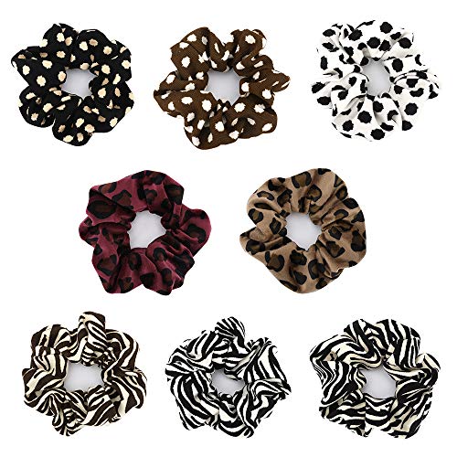Lewondr Scrunchies Goma del Pelo de Terciopelo Elegante, 8 PZS Bandas del Pelo Suaves Elásticas, Cintas del Pelo de Huella Animales sin Costuras para Mujer de Cola de Caball, Rayas de Cebra/Puntos