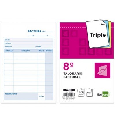Liderpapel - Talonario facturas 8º original y 2 copias t301 sin i.v.a. (5 unidades)