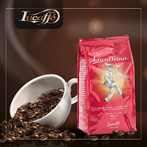 LUCAFFÈ PULCINELLA Granos de café Bolsa de ahorro de aroma de 700gr, café energético, mezcla arábica tostada napolitana y Robusta, cafeína extra, notas de chocolate, sabor suave