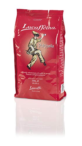 LUCAFFÈ PULCINELLA Granos de café Bolsa de ahorro de aroma de 700gr, café energético, mezcla arábica tostada napolitana y Robusta, cafeína extra, notas de chocolate, sabor suave