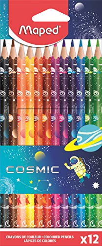 Maped Color'Peps Tatoo Cosmic - Lápices triangulares ergonómicos, colores vivos, conforme a la regulación de los juguetes, 12 lápices decorados cómicos