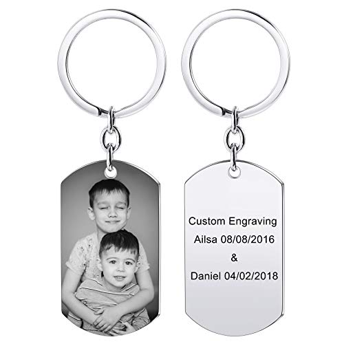 MeMeDIY Llavero Personalizado con Placa de identificación Grabado Nombres/Fecha/Texto/Imagen en Blanco y Negro Llavero de Acero Inoxidable para Hombres Mujeres Parejas