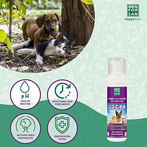 Menforsan Champú en espuma anti-insectos para perros y gatos 200ml con Margosa, Geraniol y Lavandino