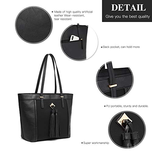 Miss Lulu Mujer Bolsos totes Bolso de Mano Moda Grande Bolsa de Hombro con Asas Cuero Sintético Borla (Negro)