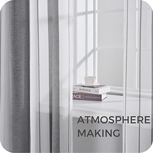 MRTREES 2 Piezas Cortinas Visillos Translúcidos Rayas de Dormitorio Moderno 140×225cm con Ojales para Ventanas Habitación Niño Salon Cocina Comedor Baño Gris+Blanca