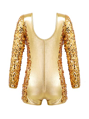 MSemis Maillot Lentejuelas de Patinaje Artistico Mono Niña Mono Ajustado de Gimnasia Ritmica Maillot Manga Larga de Baile Latino Body Elástico de Gimnasia Dorado 3-4 años