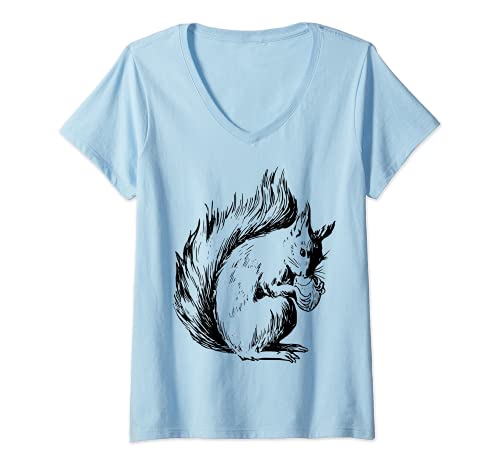 Mujer Ardilla de pelo largo con nuez Camiseta Cuello V