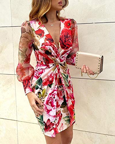 Mujer Vestido Sexy Elegante de Cuello en V Profundo Vestidos Delgados de Verano de Manga Larga Transparente con Estampado de Leopardo/Floral para Casual Boda Fiesta Cóctel Club (Rojo, XL)