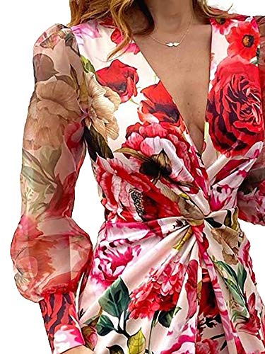 Mujer Vestido Sexy Elegante de Cuello en V Profundo Vestidos Delgados de Verano de Manga Larga Transparente con Estampado de Leopardo/Floral para Casual Boda Fiesta Cóctel Club (Rojo, XL)