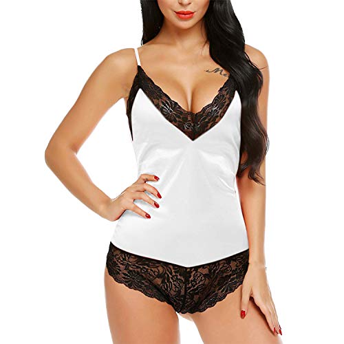 Mujeres Sexy de la pestaña de Cordones de Cordones de Seda Pijamas Pijamas Mono Mono Ropa de hogar Black XXL