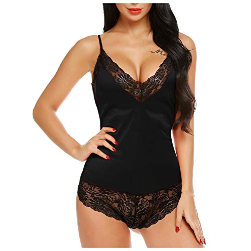 Mujeres Sexy de la pestaña de Cordones de Cordones de Seda Pijamas Pijamas Mono Mono Ropa de hogar Black XXL