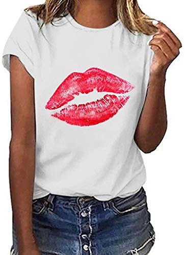 NOBRAND Novelty Red Lips Graphic Tees para las mujeres de verano casual de moda cuello redondo de manga corta chiste camiseta de tamaño más personalidad tops blusa Negro blanco XXL