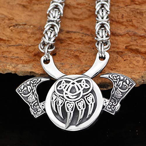Norse Viking Biker Rock Punk Bear Garra Símbolo Talismán Collar, Hombres Vintage Joyería Original Acero Inoxidable Nordic Viking Doble Hacha Amuleto Colgante,Bear