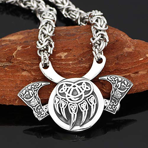 Norse Viking Biker Rock Punk Bear Garra Símbolo Talismán Collar, Hombres Vintage Joyería Original Acero Inoxidable Nordic Viking Doble Hacha Amuleto Colgante,Bear