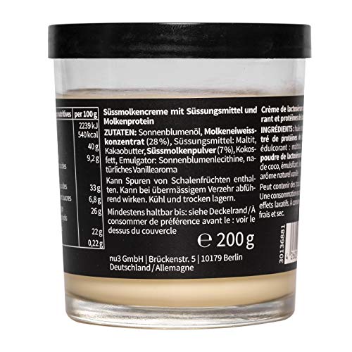 nu3 Fit Protein Creme 200g – Crema de chocolate blanco para untar – Sin aceite de palma ni gluten – Baja en carbohidratos – Con 21% de proteína – Crema proteica – Alternativa fitness baja grasas