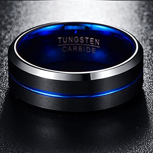 Nuncad Anillo Hombre Mujere Unisexo Tungsteno Exterior Negro + Azul 8 mm Anillo Simple para Boda Compromiso Talla (22.5)