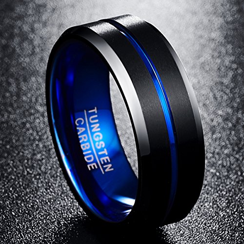 Nuncad Anillo Hombre Mujere Unisexo Tungsteno Exterior Negro + Azul 8 mm Anillo Simple para Boda Compromiso Talla (22.5)