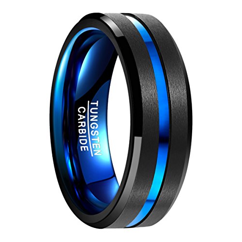 Nuncad Anillo Hombre Mujere Unisexo Tungsteno Exterior Negro + Azul 8 mm Anillo Simple para Boda Compromiso Talla (22.5)