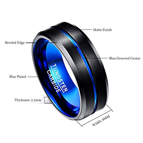 Nuncad Anillo Hombre Mujere Unisexo Tungsteno Exterior Negro + Azul 8 mm Anillo Simple para Boda Compromiso Talla (22.5)
