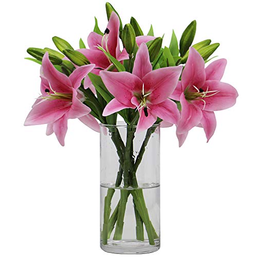 Omygarden 6 flores de lirio de tigre artificial rosa, flores de lirio de plástico falsas, decoración para el hogar, oficina, boda, fiesta, día de Acción de Gracias