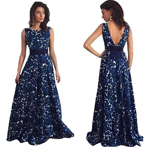 Overdose 2018 Vestidos MáS Populares Sexy Mujeres Floral Largo Formal Vestido De Fiesta del Partido Espalda Abierta Sexy Muse Vestido De Bola De Noche Vestido De Novia (L, Azul)