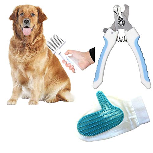 Pack Higiene para Mascotas. Cepillo de Pua + Cortauñas + Guante de Ducha. Cepillo para quitar pelos muertos de perros y gatos. (Azul)