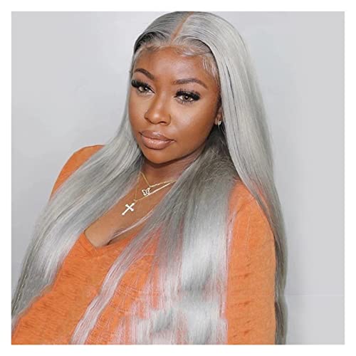 Peluca 13x1 T Parte de encaje frente Pelucas for el cabello humano Brasileño Recto Gris Cordón Frente Peluca Pre Destacado Plata Gris 10-28 pulgadas Remy Pelucas de Pelo Cordillo Transparente Extensio