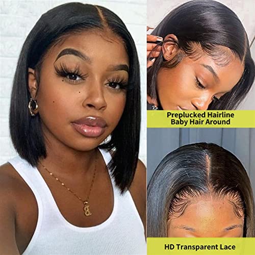 Peluca Peluca de encaje recto brasileño Hd Transparente 13 × 5 peluca frontal de encaje 8-16 pulgadas Bob corta pelucas de cabello humano for mujeres Peluca de encaje recto de hueso Extensiones cabell